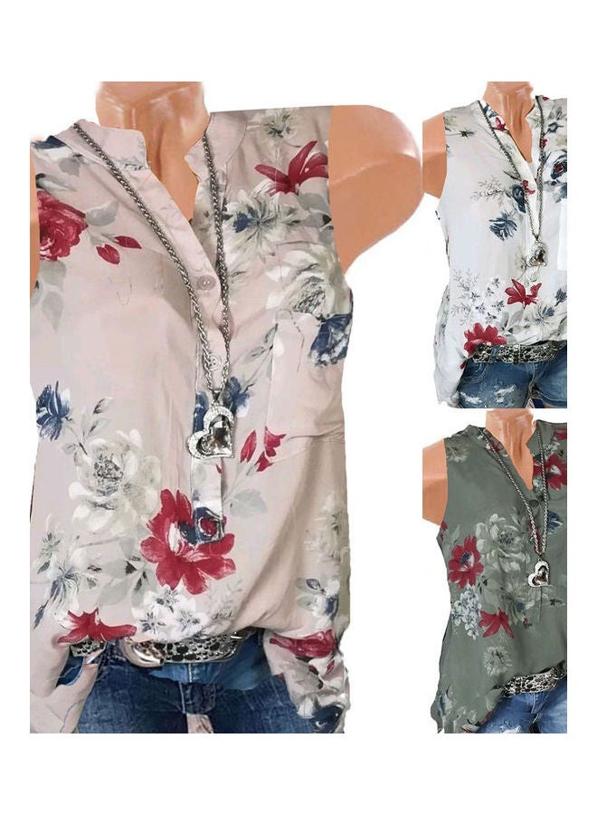 Plus Size Summer Retro Flower Print V Neck Sleeveless Women Loose Vest Tank Top Red  - Image 3