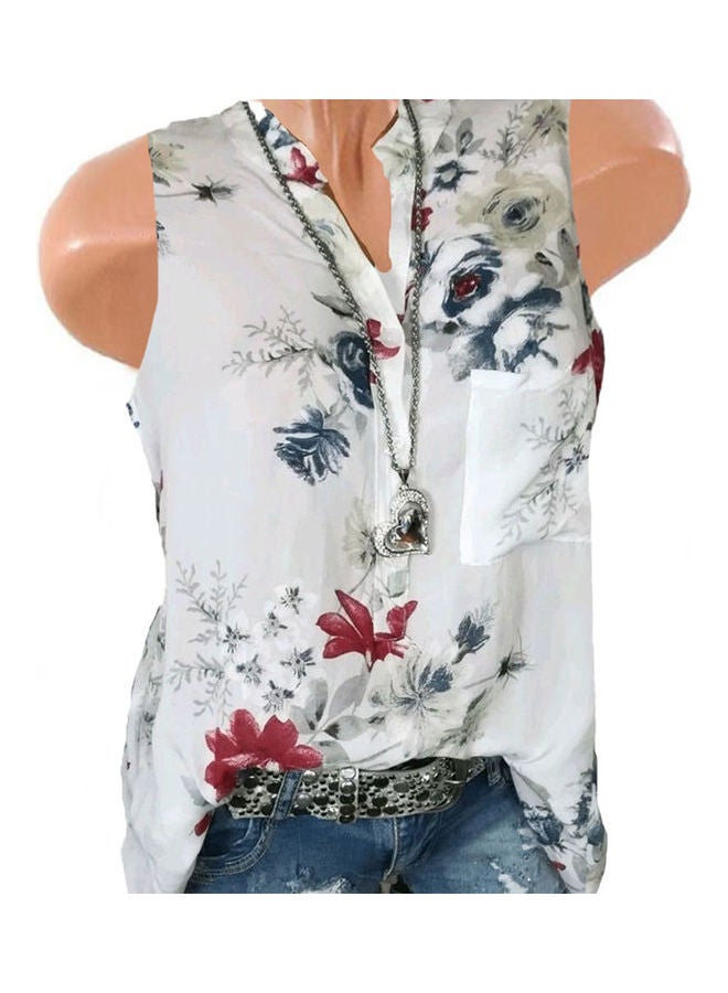 Plus Size Summer Retro Flower Print V Neck Sleeveless Women Loose Vest Tank Top Red  - Image 4