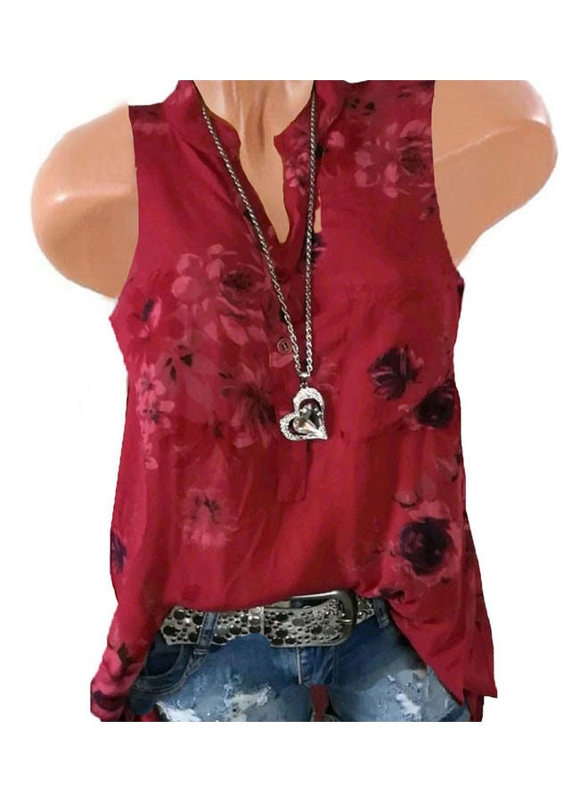 Plus Size Summer Retro Flower Print V Neck Sleeveless Women Loose Vest Tank Top Red  - Image 5