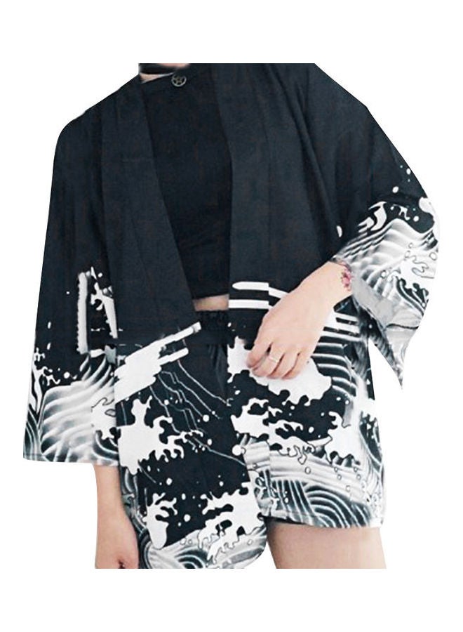 Dragon Wave Print Sun Protection Cardigan Beach Cover Women Japanese Kimono Black - Image 1