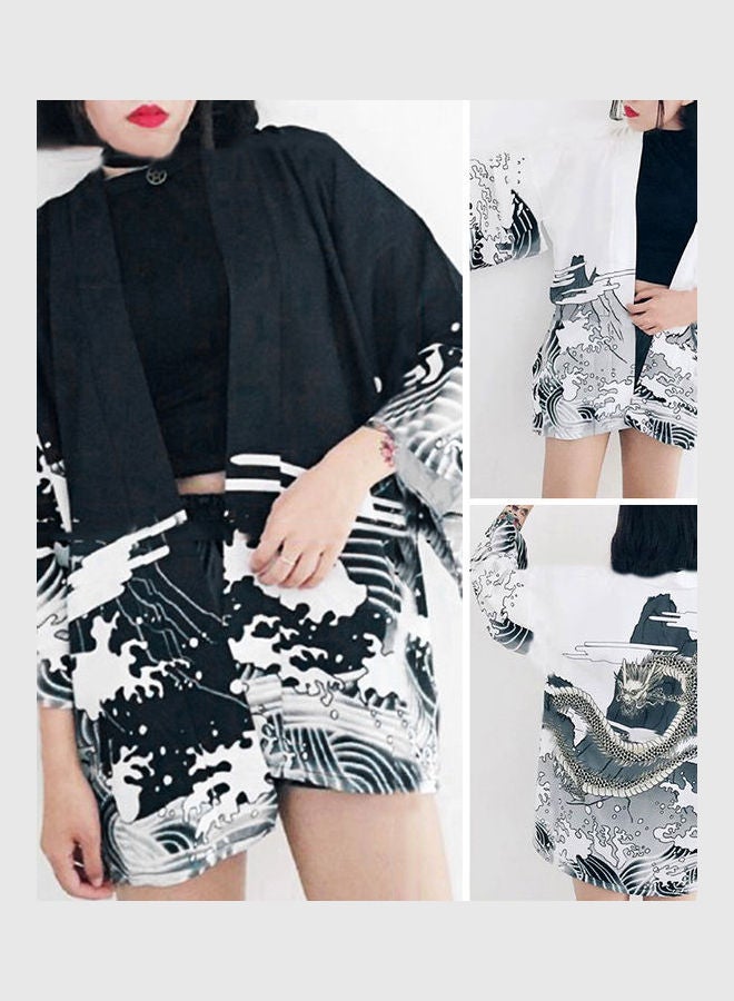 Dragon Wave Print Sun Protection Cardigan Beach Cover Women Japanese Kimono Black - Image 2