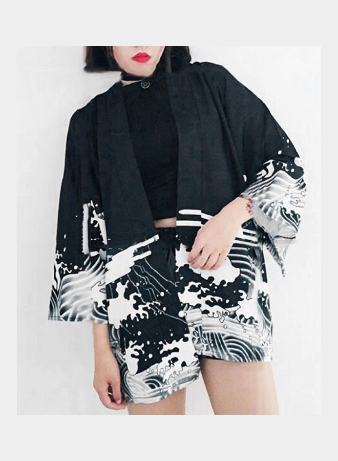Dragon Wave Print Sun Protection Cardigan Beach Cover Women Japanese Kimono Black - Image 3