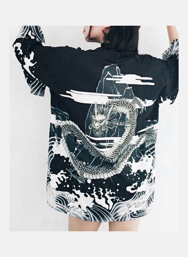 Dragon Wave Print Sun Protection Cardigan Beach Cover Women Japanese Kimono Black - Image 4