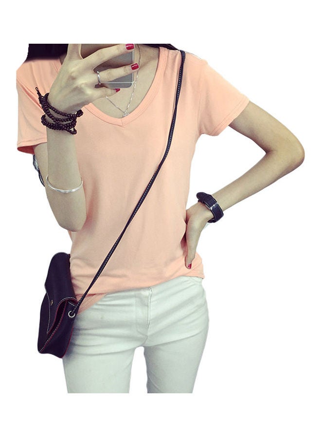 Slim Fit Basic V Neck Short Sleeve T-Shirt Pink - Image 1
