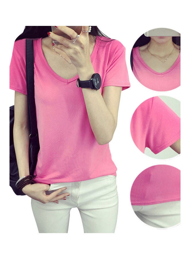 Slim Fit Basic V Neck Short Sleeve T-Shirt Pink - Image 2
