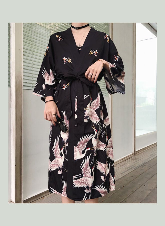 Women Japanese Kimono Cardigan Coat Crane Loose Yukata Outwear Long Bathrobe As shown - Image 1
