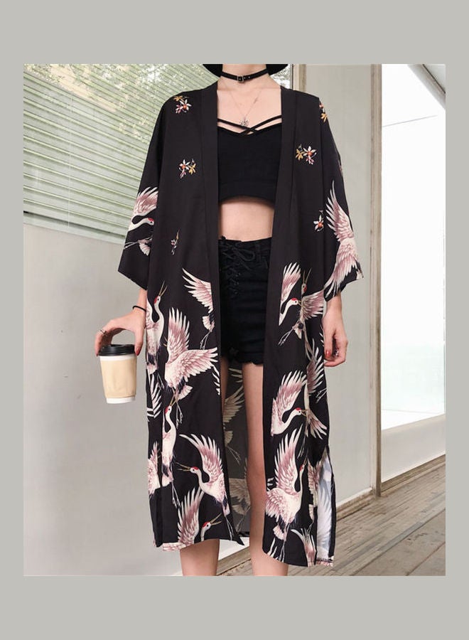 Women Japanese Kimono Cardigan Coat Crane Loose Yukata Outwear Long Bathrobe As shown - Image 2