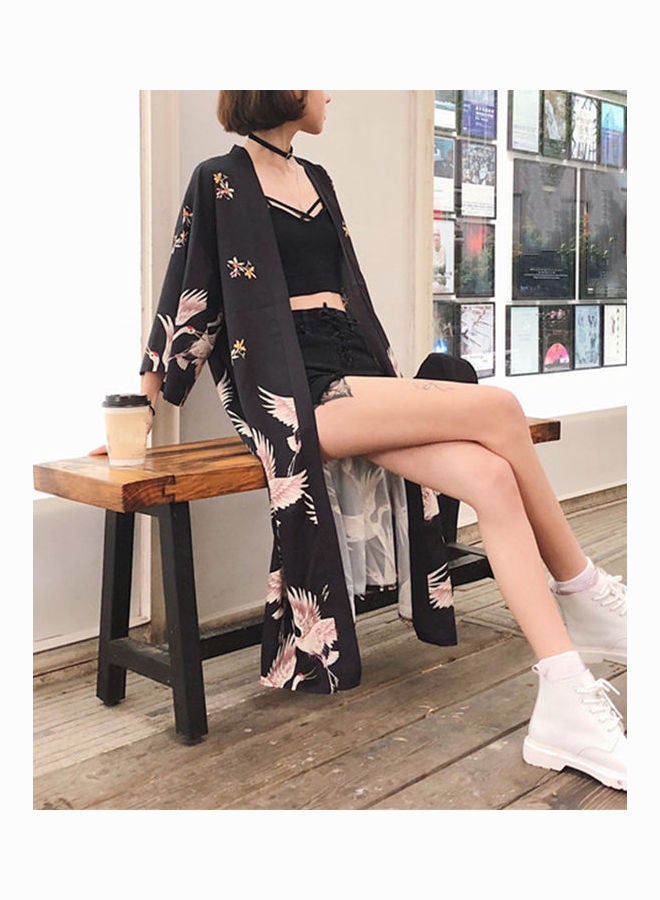 Women Japanese Kimono Cardigan Coat Crane Loose Yukata Outwear Long Bathrobe As shown - Image 4