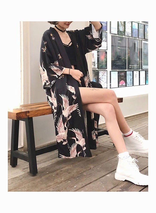 Women Japanese Kimono Cardigan Coat Crane Loose Yukata Outwear Long Bathrobe As shown - Image 5
