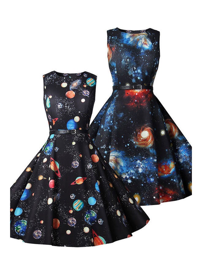 Round Neck  Slim Midi Swing Black/Blue  - Image 2