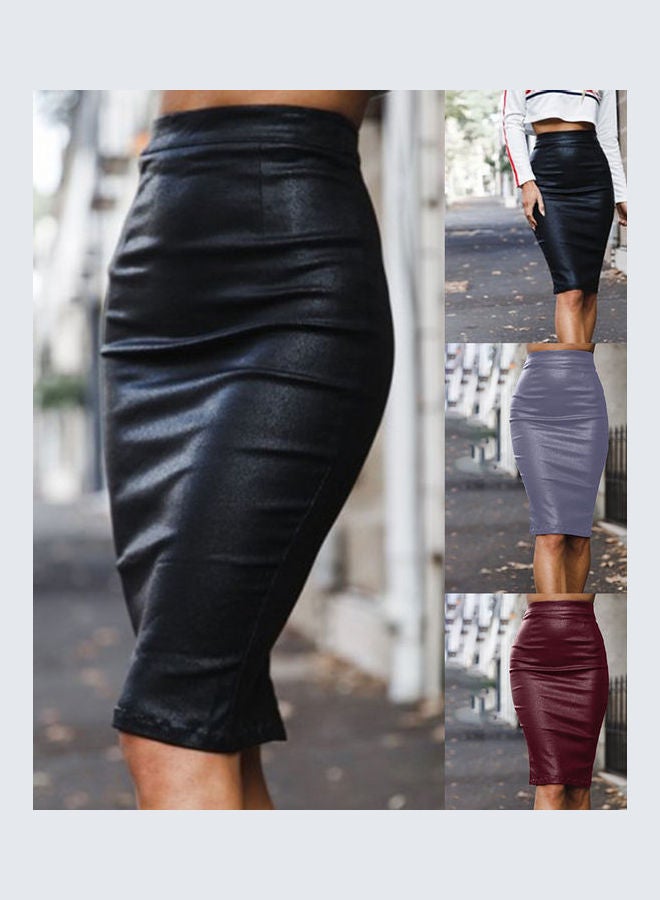 Solid Faux Leather Pencil Skirt Black - Image 2