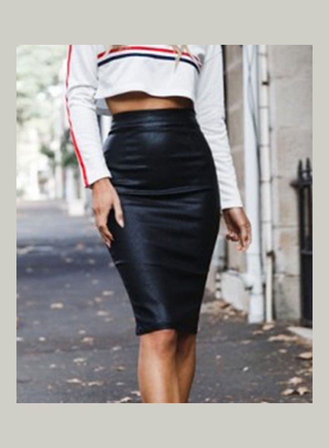 Solid Faux Leather Pencil Skirt Black - Image 5