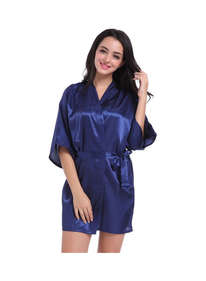Kimono Pattern Sleepwear Night Robe With Belt Dark Blue