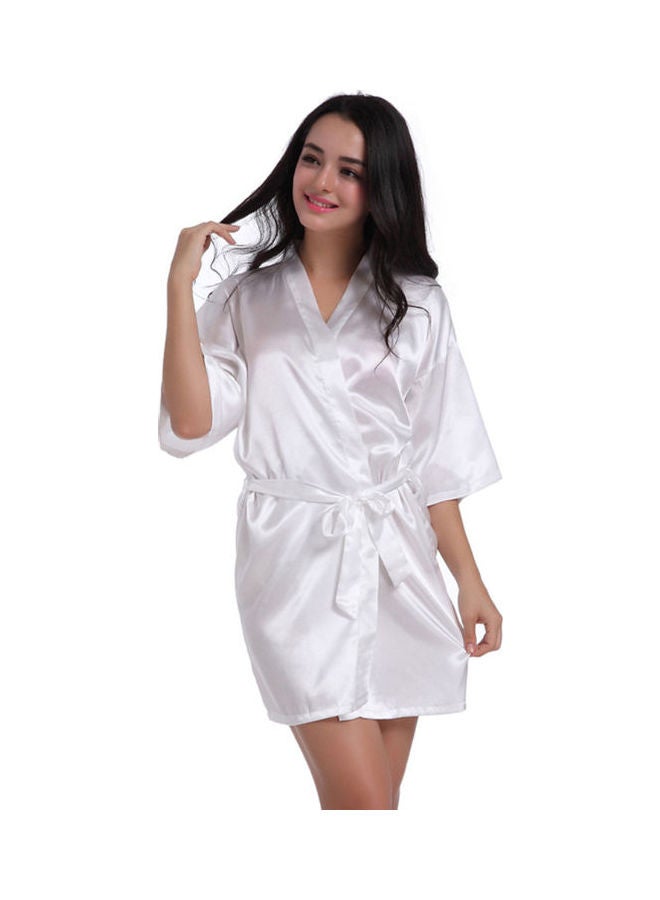 Kimono Pattern Sleepwear Night Robe With Belt White 