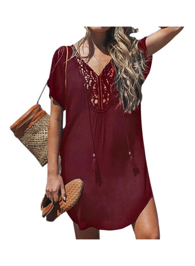 Lace Stitching V Neck Mini Dress Wine Red