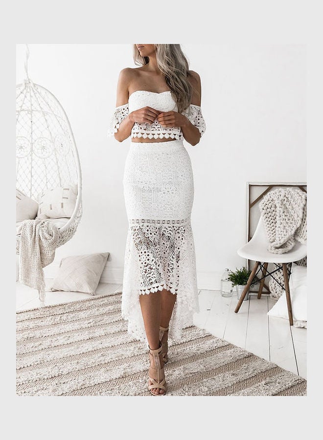 2-Piece Solid Lace Bodycon Skirt Blouse Set White  - Image 2