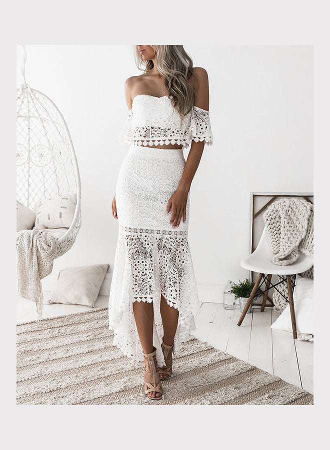 2-Piece Solid Lace Bodycon Skirt Blouse Set White  - Image 3