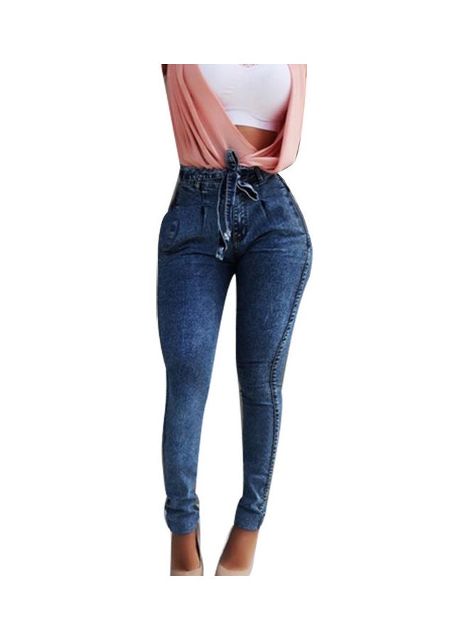 Belted High Waist Skinny Jeans Dark Blue  - Image 1