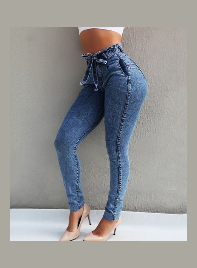 Belted High Waist Skinny Jeans Dark Blue  - Image 2