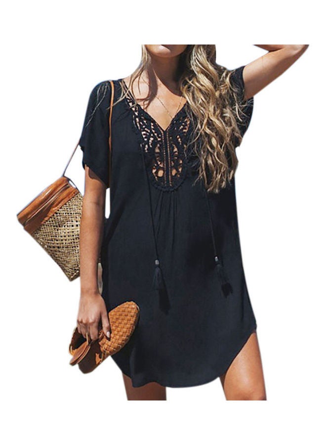 Lace Stitching V Neck Mini Dress Black