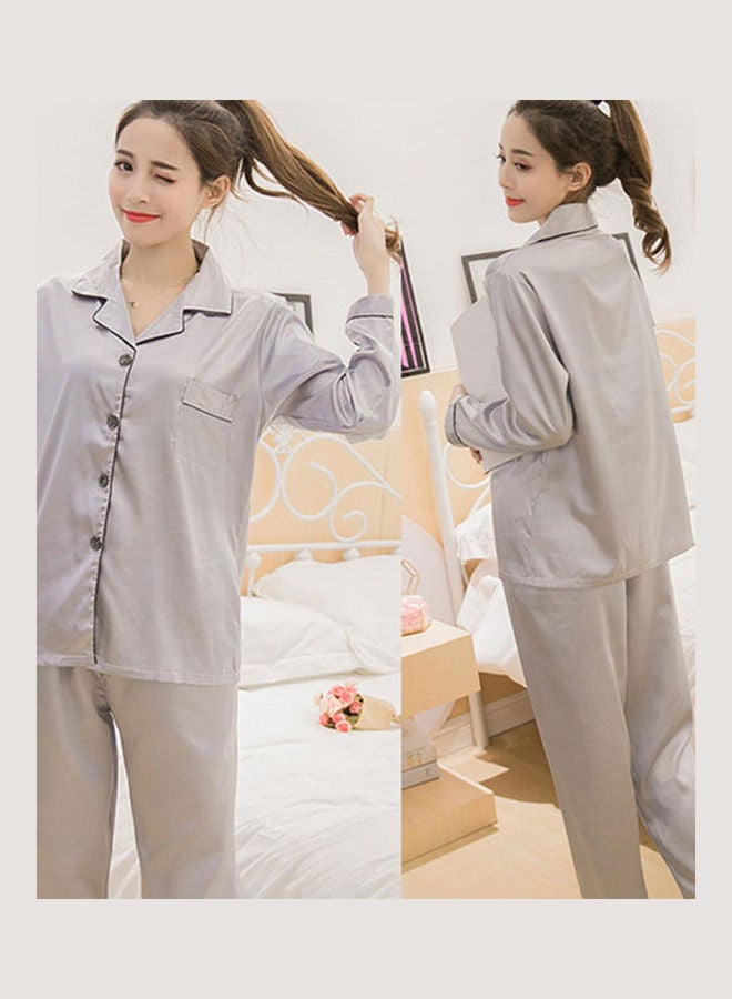 Solid Long Sleeves Pajama Set Grey - Image 4