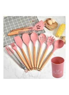 Generic 11 Pieces Wooden Handle  Non Stick Pan Cooking Spatula Pink 34x13x13cm  - Image 2