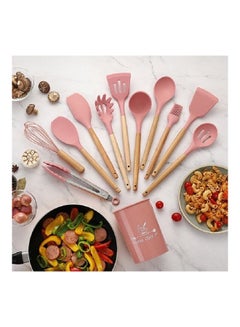 Generic 11 Pieces Wooden Handle  Non Stick Pan Cooking Spatula Pink 34x13x13cm  - Image 1