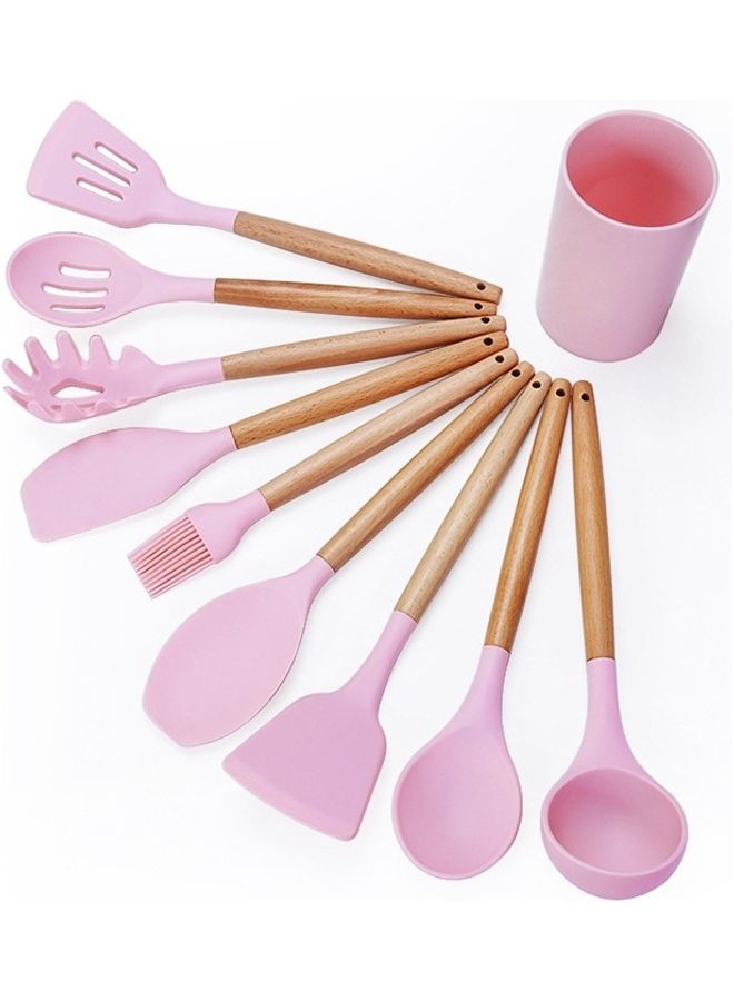 9-Piece Barreled Cooking Utensils Set With Wooden Handle Set Pink/Beige 36 x 11cm 