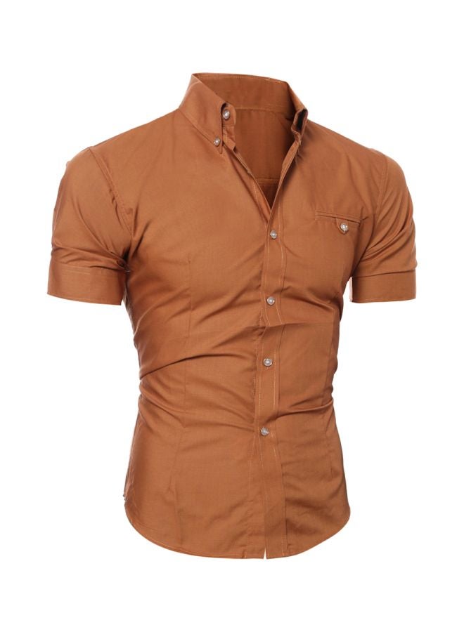 Short Sleeves Buttons Down Shirt Brown