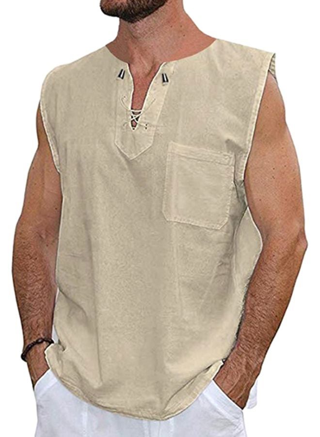 Cotton Linen Sleeveless Casual T-Shirt Khaki