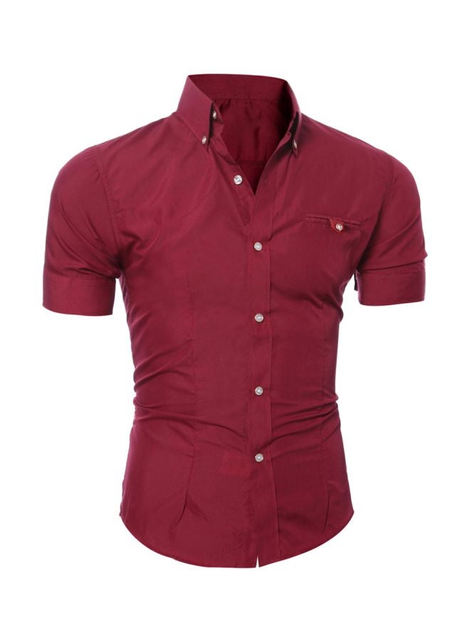 Short Sleeves Buttons Down Shirt Wine Red - Image 1