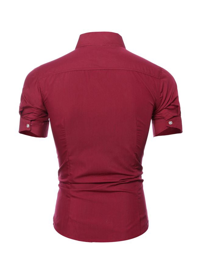Short Sleeves Buttons Down Shirt Wine Red - Image 2