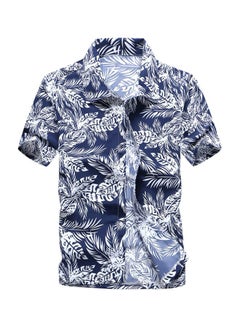 Generic Leaves Printed Short Sleeves Shirt Blue/White 