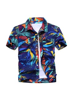 Generic Leaves Printed Short Sleeves Shirt Blue/Yellow/Orange 
