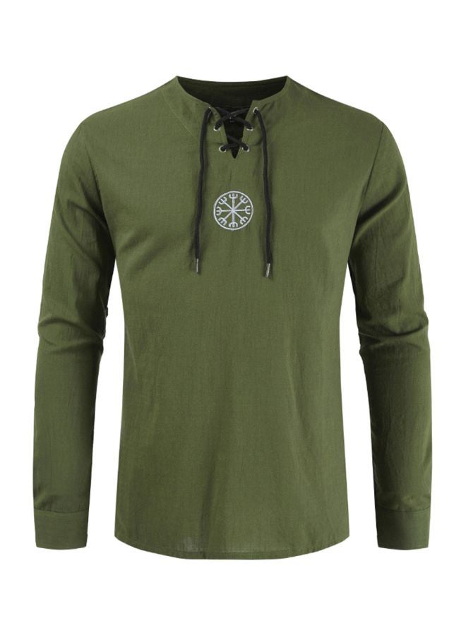 Viking Symbol Embroidered Long Sleeves T-Shirt Army Green