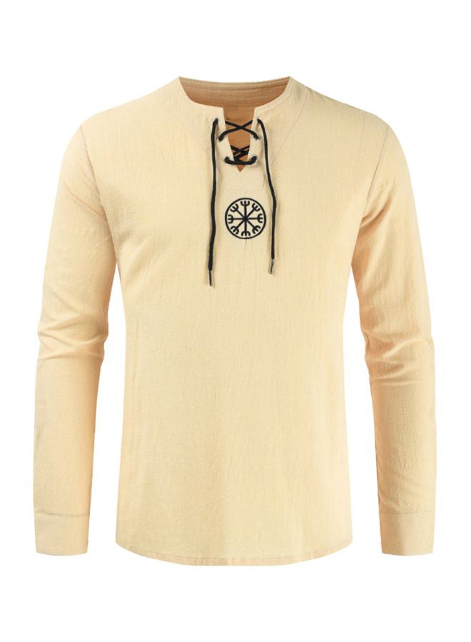 Viking Symbol Embroidered Long Sleeves T-Shirt Beige - Image 1