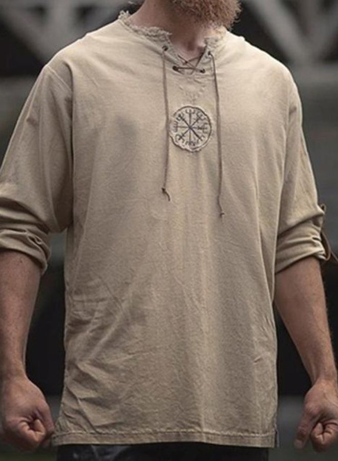 Viking Symbol Embroidered Long Sleeves T-Shirt Beige - Image 2