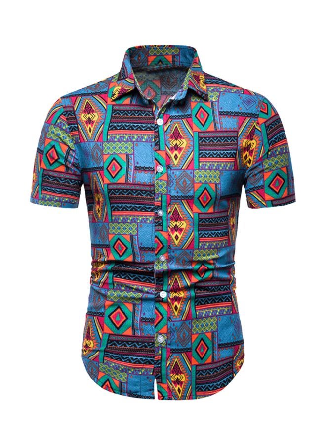 قميص بأكمام قصيرة مزين بطبعة أشكال هندسية أرجواني/أصفر/روز