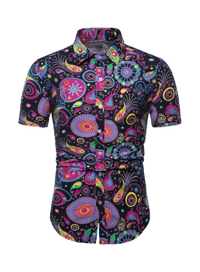 Floral Printed Short Sleeves Shirt Black/Purple/Yellow - Image 1