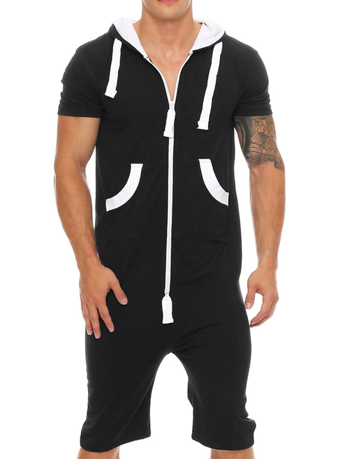Zipper Romper Hooded Jumpsuit Black - Image 1