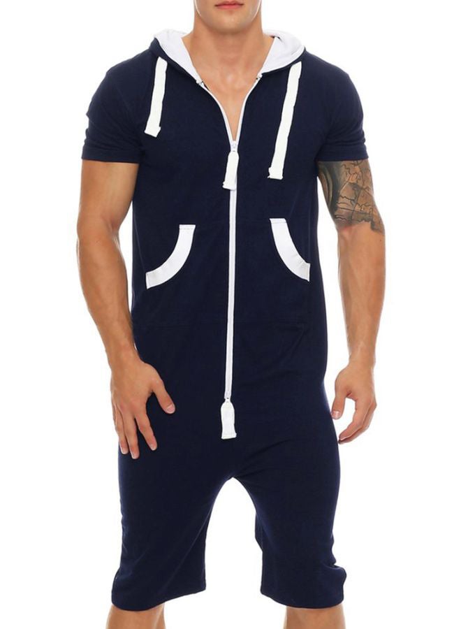 Zipper Romper Hooded Jumpsuit Navy Blue 