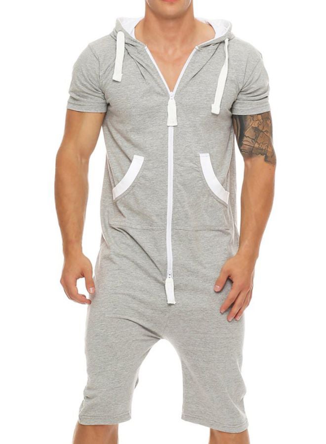 Zipper Romper Hooded Jumpsuit Light Grey 