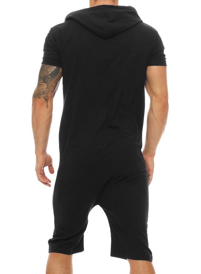 Zipper Romper Hooded Jumpsuit Black - Image 2
