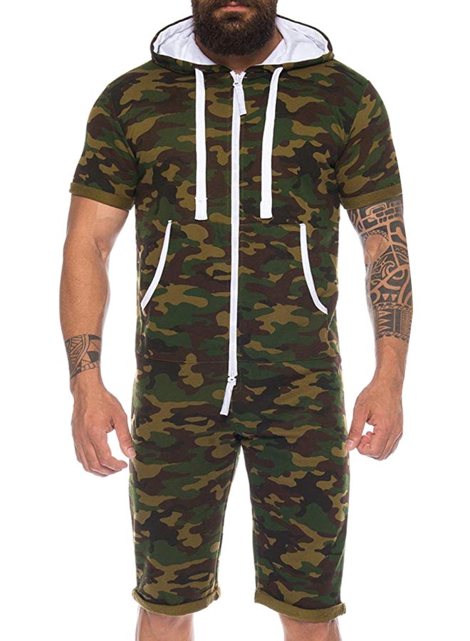 Zipper Romper Hooded Jumpsuit Army Green 