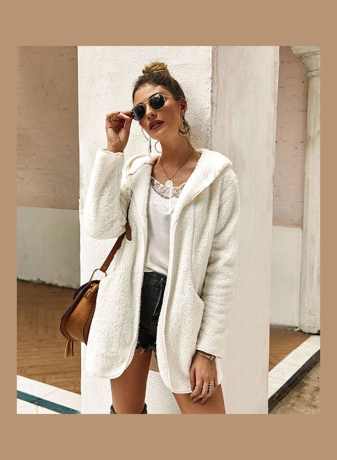 Long-sleeved Warm Hooded Jacket Top white - Image 3