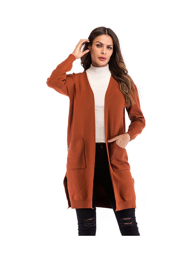 Solid Color Pocket Women's Thin Knit Sweater Coat Apricot - Image 1