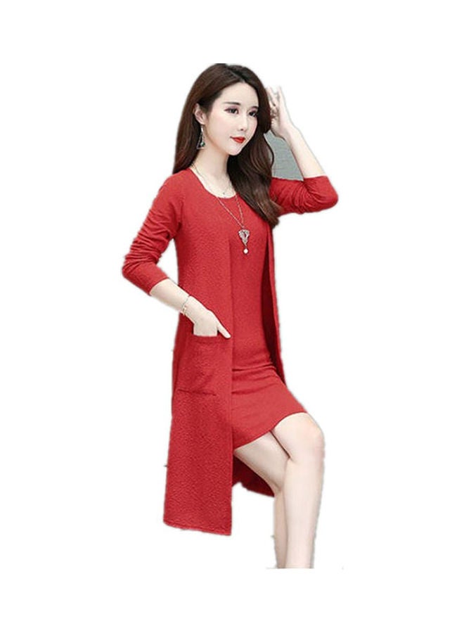 2-Piece Round Collar Mid-Long Cardigan Set Red - Image 1