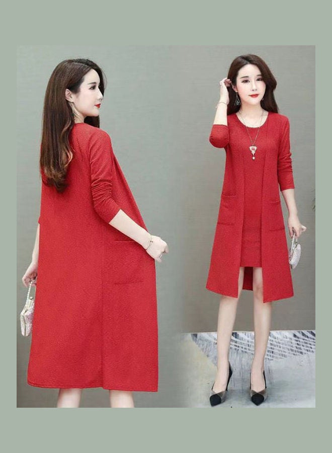 2-Piece Round Collar Mid-Long Cardigan Set Red - Image 2