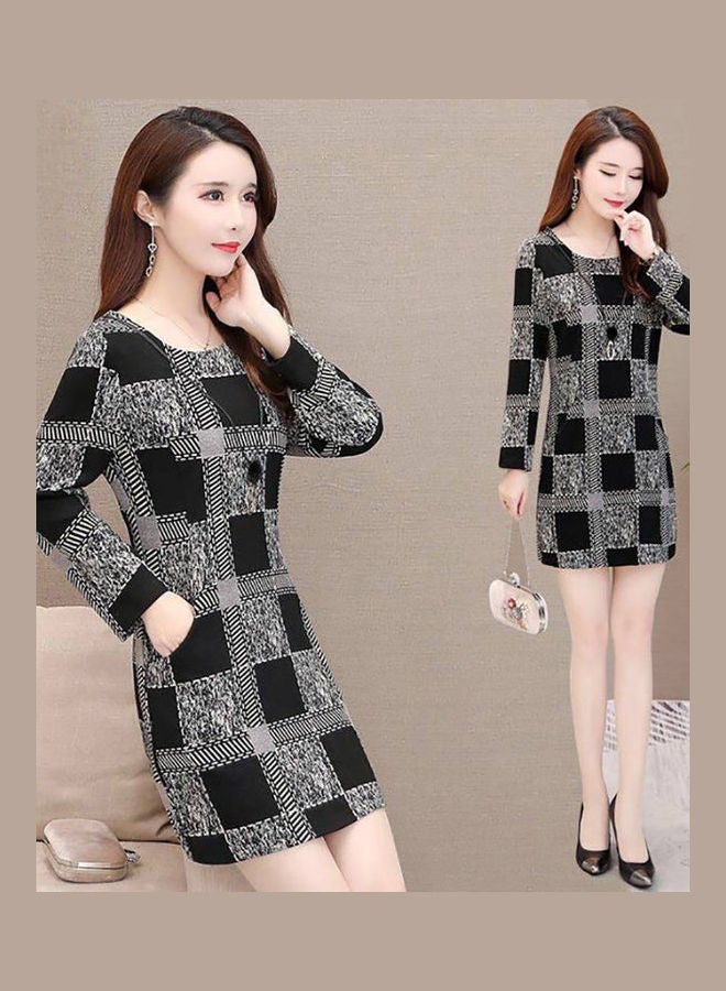 Long Sleeve Printed Dress Grey/Black - Image 4