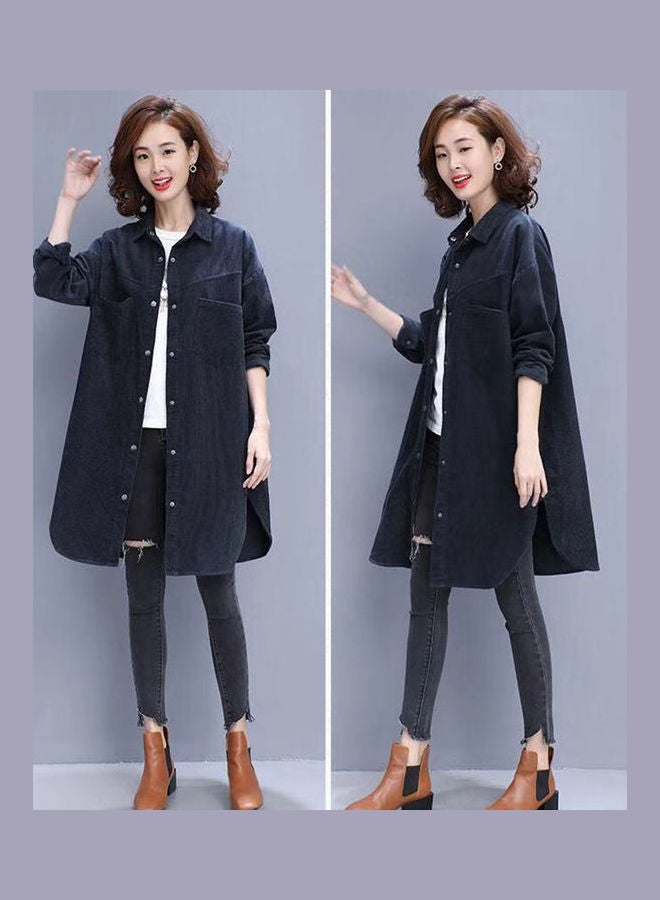 قميص نسائي كاجوال من قماش مخملي بأزرار مغطية انديغو - Image 2